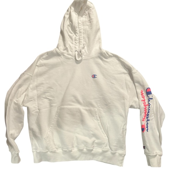 Champion White Hoodie with Pink and Blue Logo - Picture 1 of 3